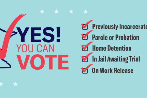 Image reading "Yes You Can Vote!" with an outline of Minnesota & a bold red check mark overlaid. Checked boxes read "Previously incarcerated, parole or probation, home detention, in jail awaiting trial, and on work release"