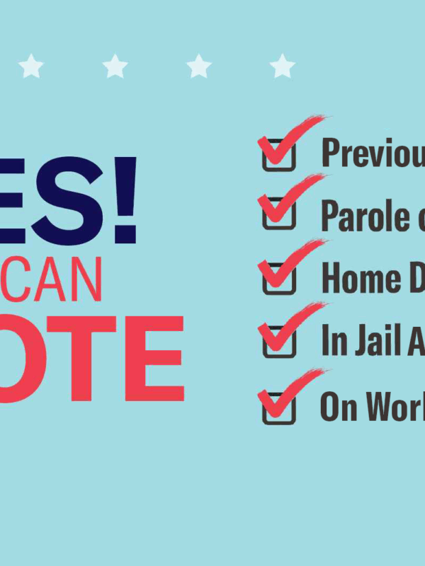 Image reading "Yes You Can Vote!" with an outline of Minnesota & a bold red check mark overlaid. Checked boxes read "Previously incarcerated, parole or probation, home detention, in jail awaiting trial, and on work release"
