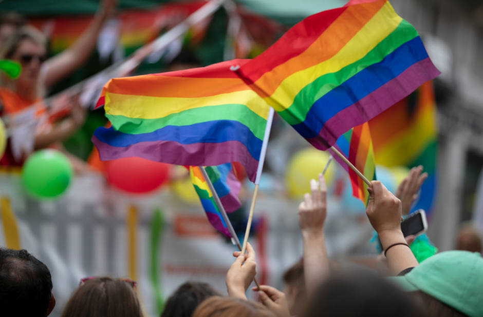 Photo of Pride flags being waved above people's heads
