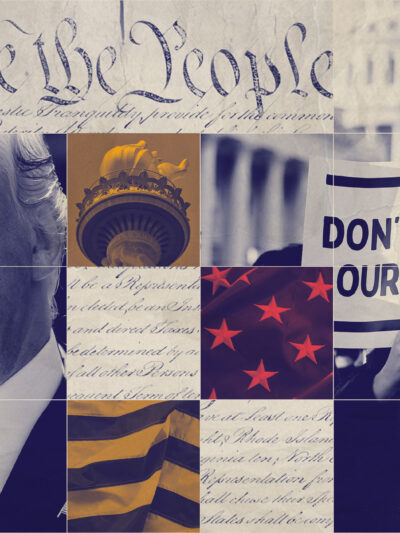 A collaged graphic featuring Donald Trump and Joe Biden.