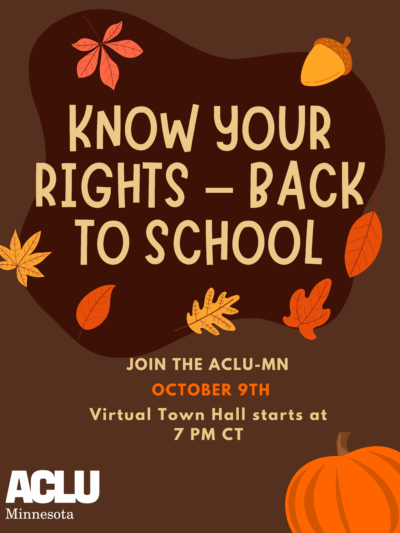 Know Your Rights - Back to School with fall leaves and a pumpkin in the bottom right corner.