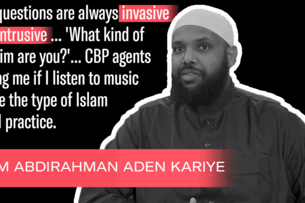 Black and white photo of Imam Abdirahman Aden Kariye with a quote from him. The quote says, "The questions are always invasive and intrusive... 'What kind of Muslim are you?'"