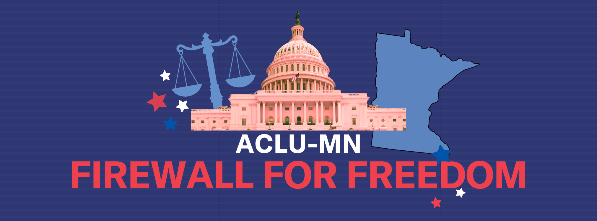 Red and white text on a dark blue background that says "ACLU-MN Firewall for Freedom"