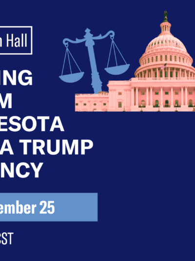 Blue square with scales, an outline of Minnesota, and the state capital.