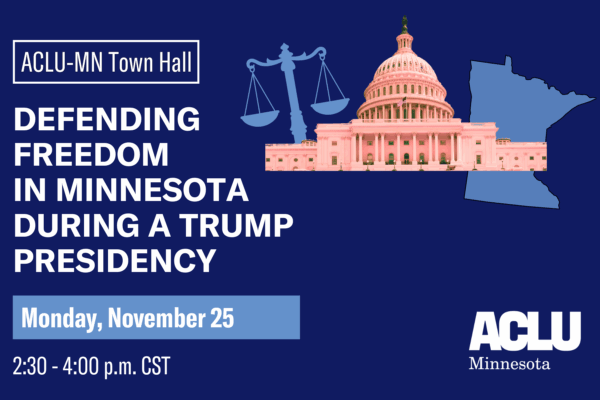 Blue square with scales, an outline of Minnesota, and the state capital.