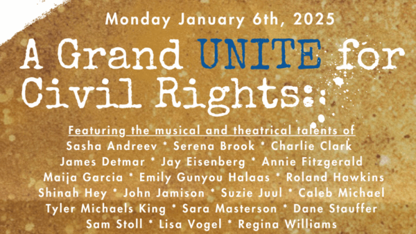 Gold backdrop with white lettering.