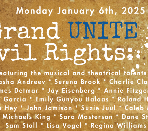 Gold backdrop with white lettering.