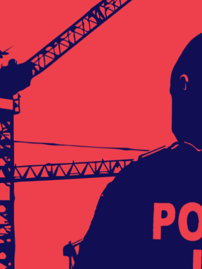 Red background with dark blue silhouette of a person's back with "Police ICE" written on the jacket,