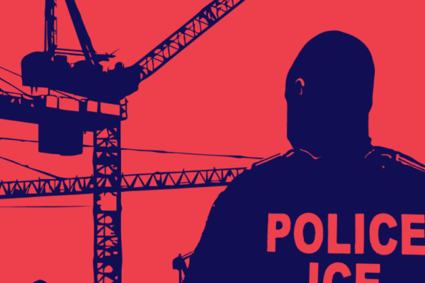 Red background with dark blue silhouette of a person's back with "Police ICE" written on the jacket,