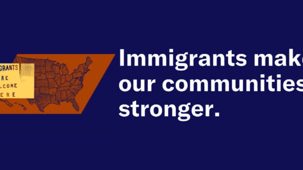 A yellow sign that says "immigrants are welcome here" layered over an orange map of the U.S., which is on a dark blue background. Next to the graphics is white text that says, "Immigrants make our communities stronger."