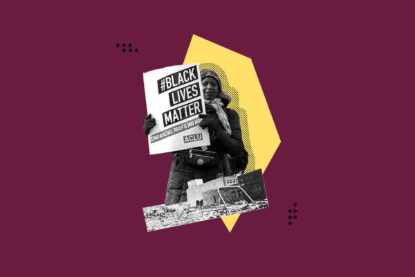 Black and white photo of a person in a coat and hat holding a sign that says "Black lives matter." The graphic is in front of a maroon background.