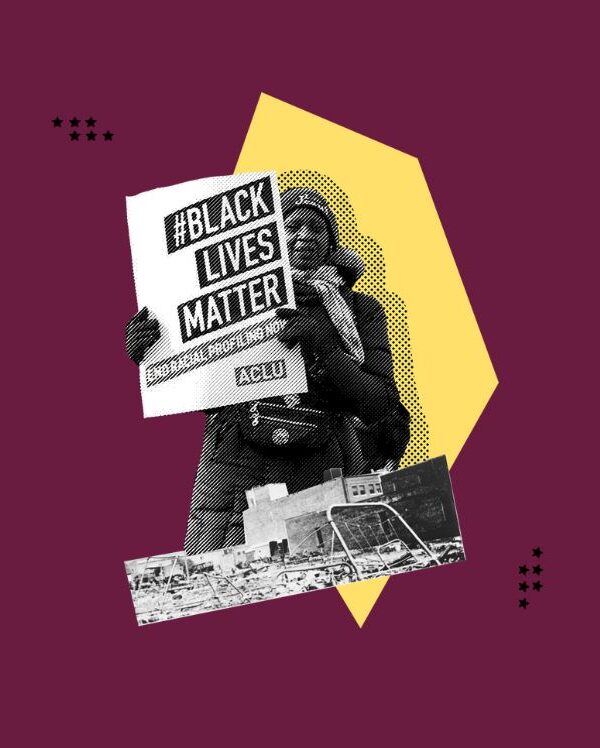 Black and white photo of a person in a coat and hat holding a sign that says "Black lives matter." The graphic is in front of a maroon background.