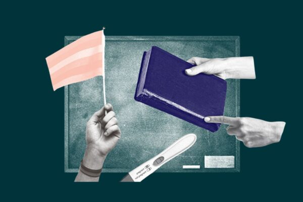 Graphic of person holding a book, waving a flag, and a blackboard