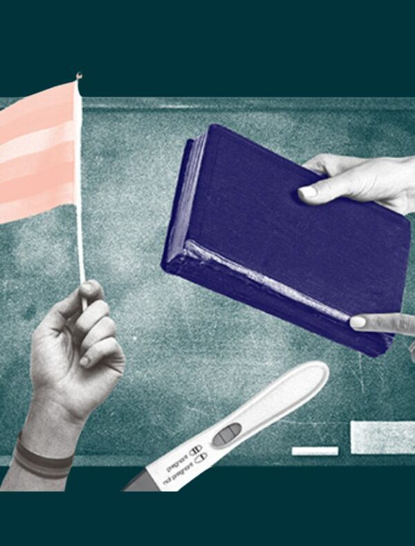 Graphic of person holding a book, waving a flag, and a blackboard
