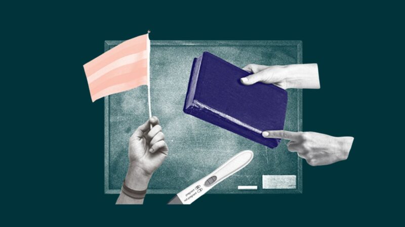 Graphic of person holding a book, waving a flag, and a blackboard