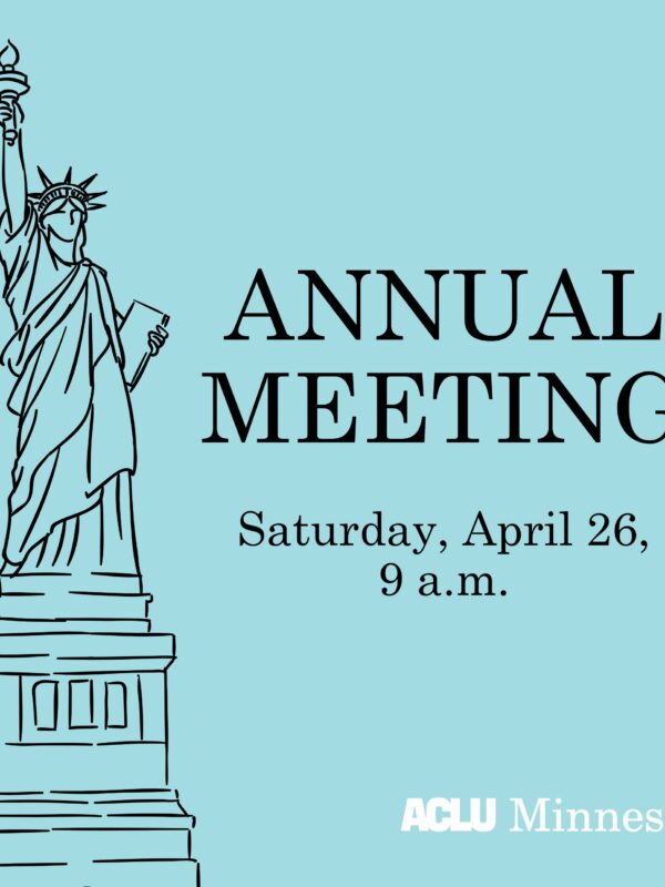 Blue background with black sketch of the State of Liberty on the left of the image. On the right text says, "annual meeting, Saturday, April 26, 9 a.m."