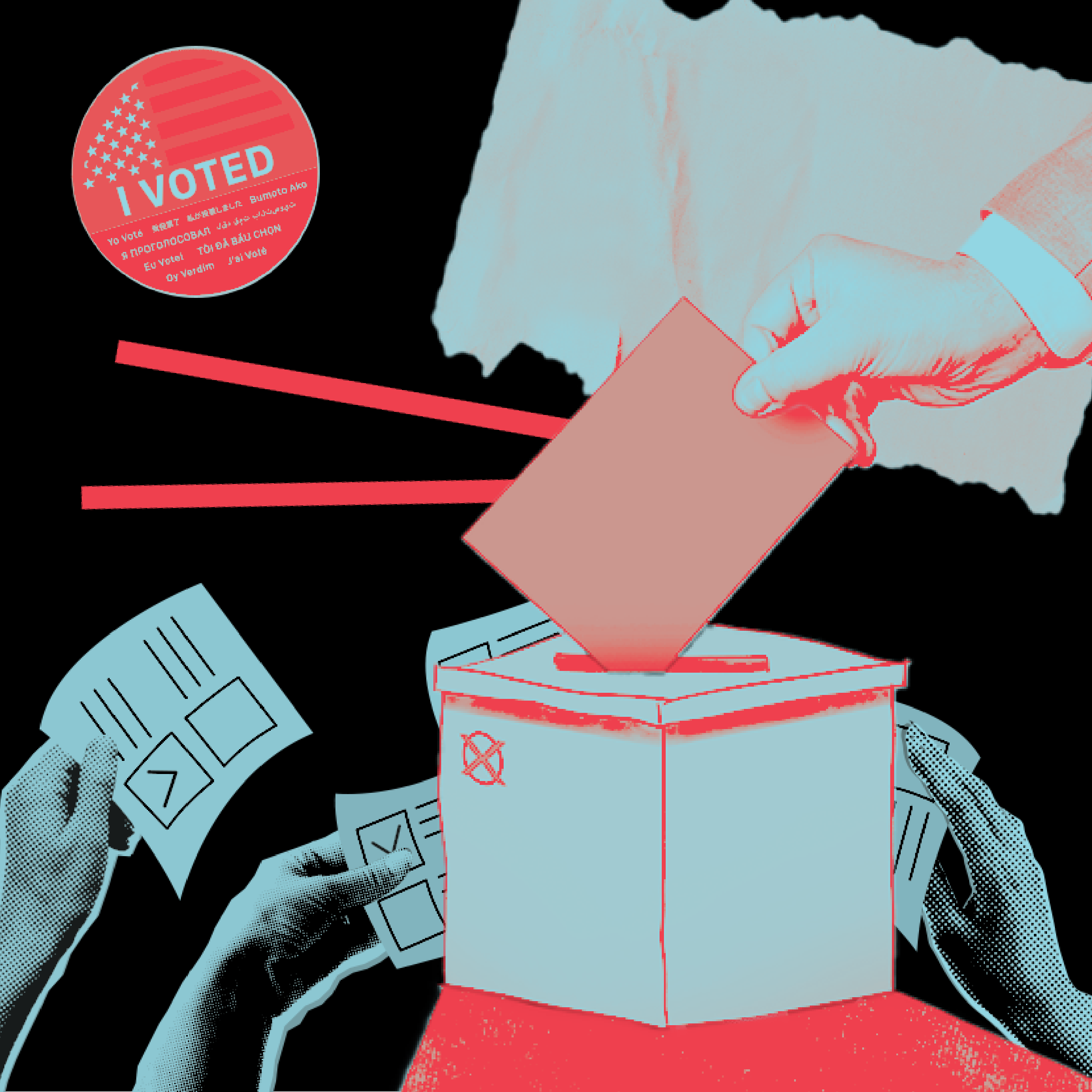 Graphic depicting hands with ballots and a button that reads, "I voted."