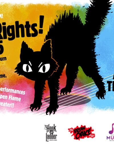 Black cat on multi-colored background advertising the line up for the concert