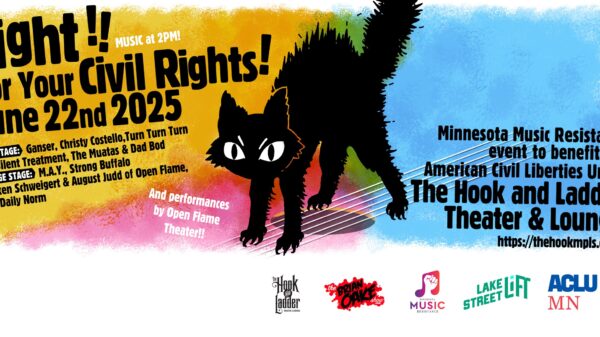 Black cat on multi-colored background advertising the line up for the concert