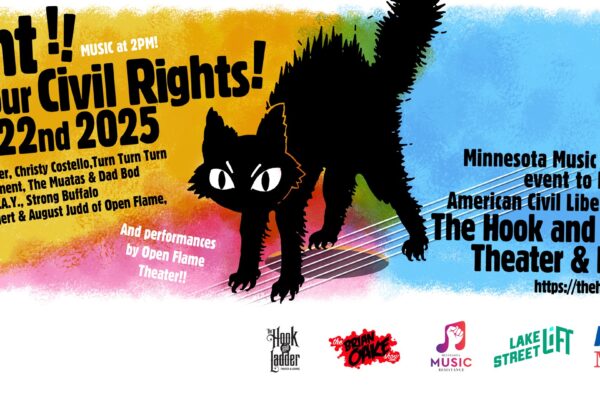 Black cat on multi-colored background advertising the line up for the concert