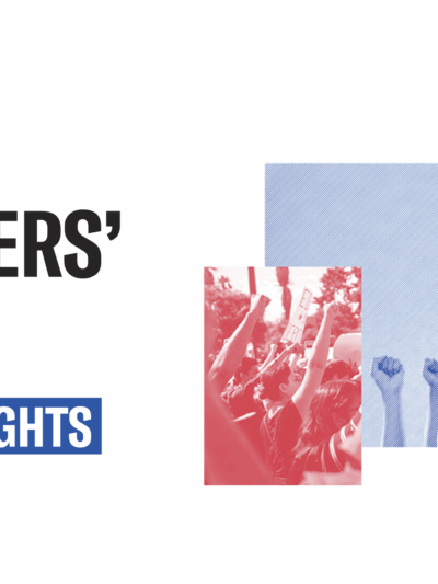 Bold text reading "Protesters' Rights: Know Your Rights" on the left half of the image. To the right, a collage of people holding up their fists in solidarity with a blue and red filter effect.