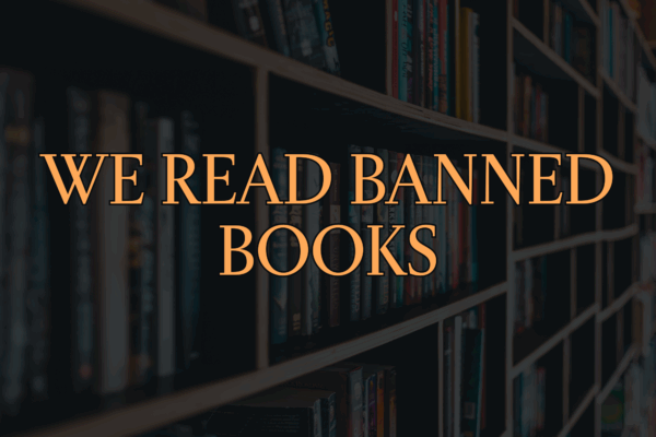 Light orange text that says "we read banned books." The background is a library shelf with books.