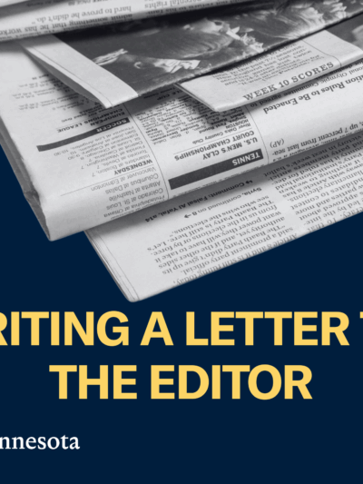 Photo of stacked newspapers on a dark blue background. Beneath the papers is yellow text that says "Writing a letter to the editor."
