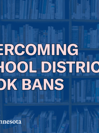 Photo of library shelves with white text that says "overcoming school district book bans"