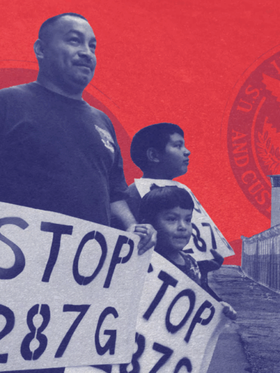Man and two young boys carry signs that say "Stop 287(g)."