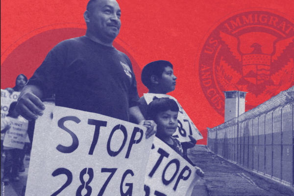Man and two young boys carry signs that say "Stop 287(g)."