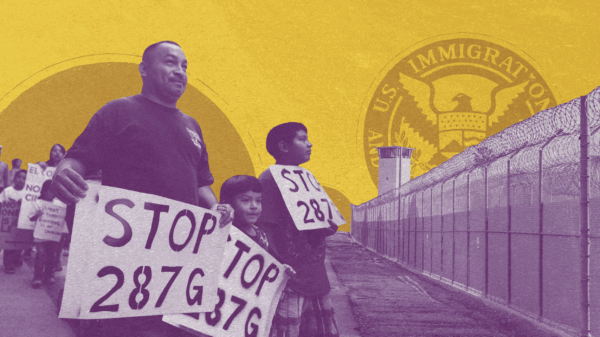 A group of protesters hold up signs that read "STOP 287G"