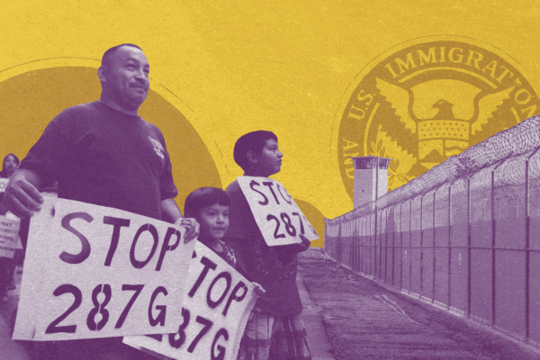 A group of protesters hold up signs that read "STOP 287G"