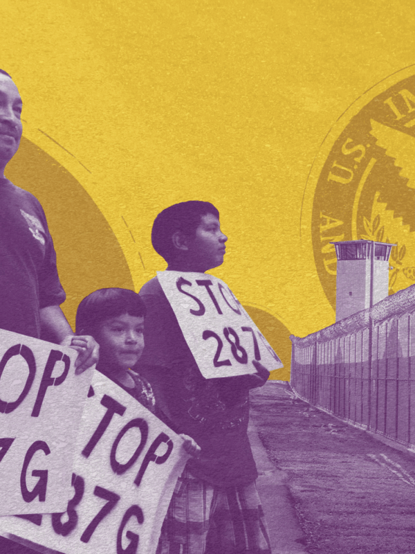 A group of protesters hold up signs that read "STOP 287G"