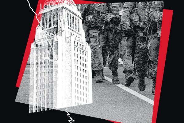 Start red and black image showing troops on our streets.