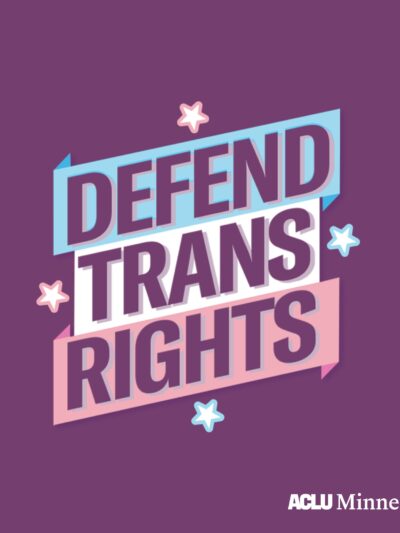 Purple background with a blue, white and pink banner that says "defend trans rights."