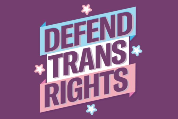 Purple background with a blue, white and pink banner that says "defend trans rights."