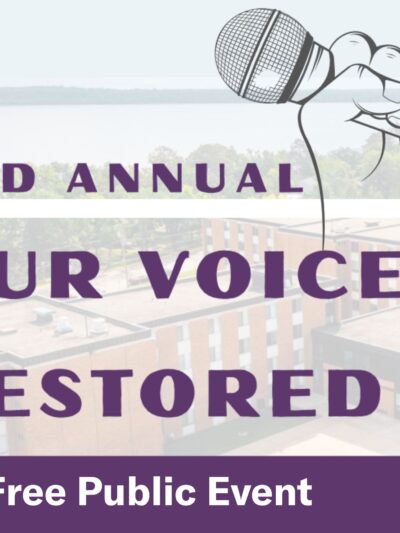 Purple text over a photo of Bemidji says "2nd Annual Our Voices Restored, free public event"