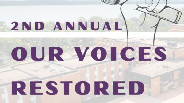Purple text over a photo of Bemidji says "2nd Annual Our Voices Restored, free public event"