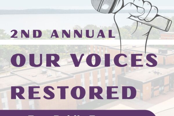 Purple text over a photo of Bemidji says "2nd Annual Our Voices Restored, free public event"