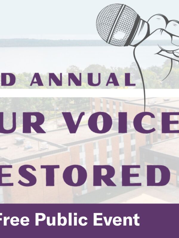 Purple text over a photo of Bemidji says "2nd Annual Our Voices Restored, free public event"