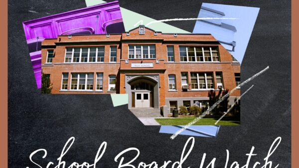 Collage of shapes and photos of a school, school board meeting room and books with a blackboard behind the collage. Below the collage is white text that says "School Board Watch."