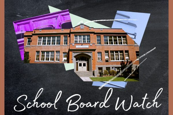 Collage of shapes and photos of a school, school board meeting room and books with a blackboard behind the collage. Below the collage is white text that says "School Board Watch."