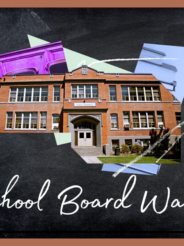 Collage of shapes and photos of a school, school board meeting room and books with a blackboard behind the collage. Below the collage is white text that says "School Board Watch."