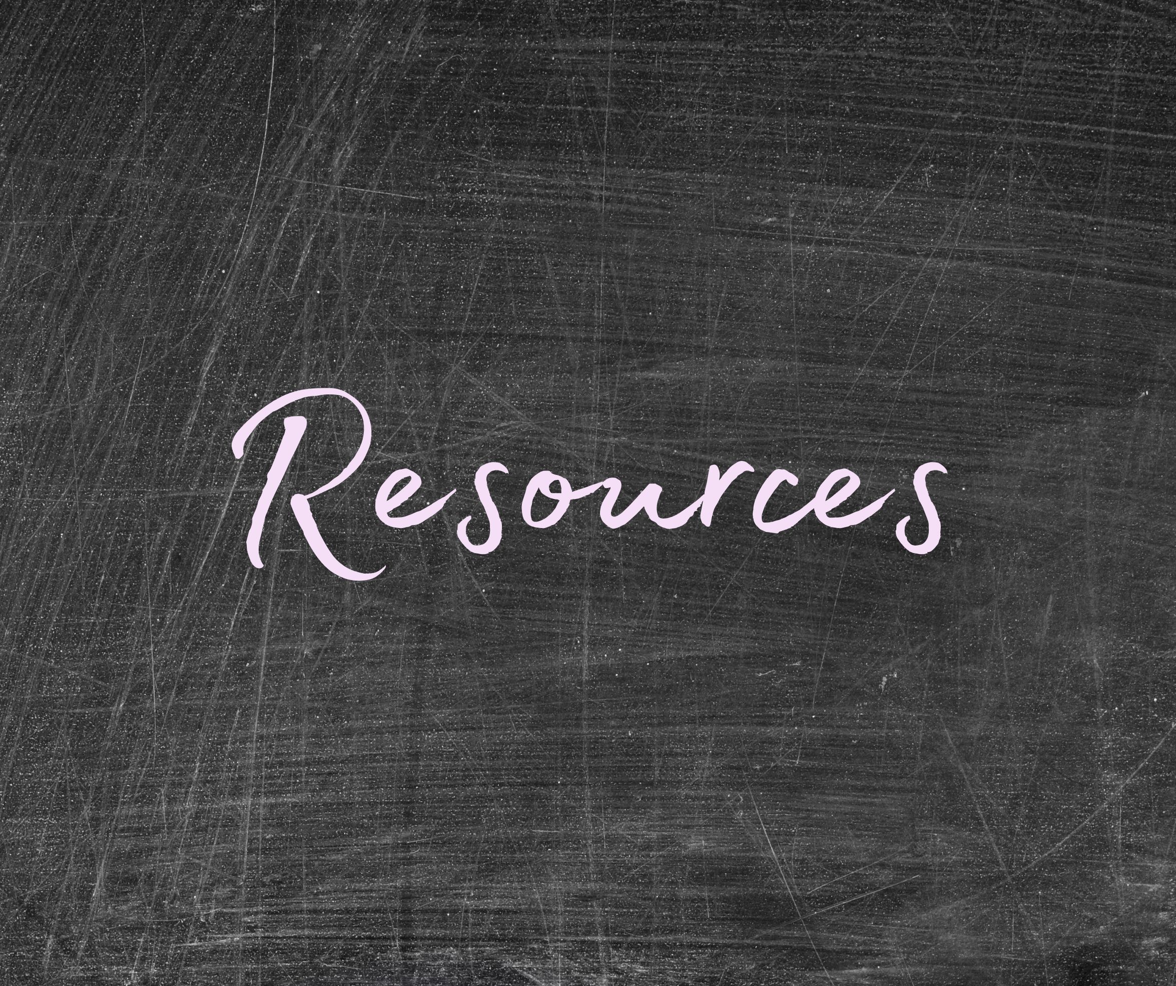 Photo of a blackboard with "resources" written in light purple chalk.