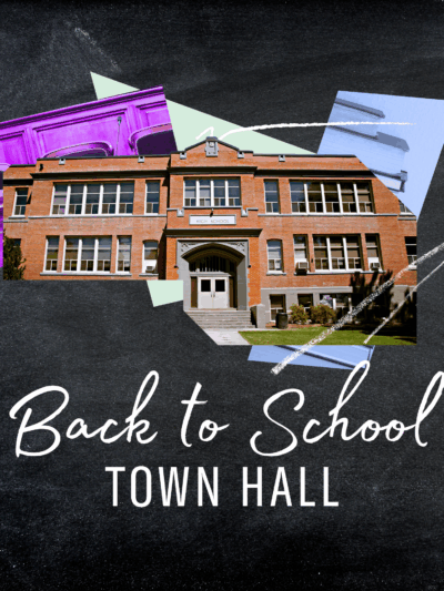 Collage of school building, books, colorful shapes and chalk lines on a blackboard. Under the collage white text says "Back to school town hall"