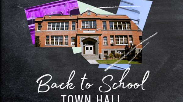 Collage of school building, books, colorful shapes and chalk lines on a blackboard. Under the collage white text says "Back to school town hall"