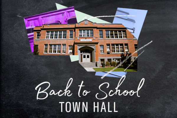 Collage of school building, books, colorful shapes and chalk lines on a blackboard. Under the collage white text says "Back to school town hall"