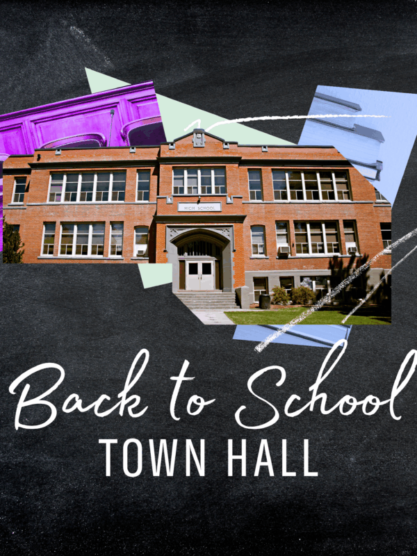 Collage of school building, books, colorful shapes and chalk lines on a blackboard. Under the collage white text says "Back to school town hall"