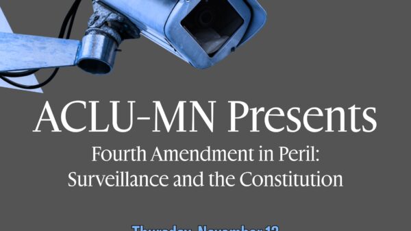 A dark gray background with a blue security camera. Below the camera is white text that says, "ACLU-MN presents: fourth amendment in peril: surveillance and the constitution
