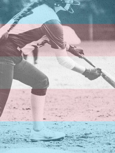 Black and white photo of woman bunting a softball. Over the photo are blue, pink and white stripes